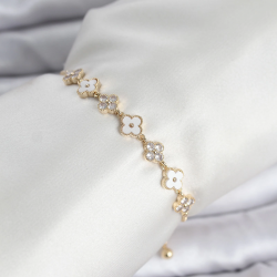 Mey İthalat® Gold Renk Zirkon Taşlı Sıralı Yonca Model Asansörlü Kadın Bileklik