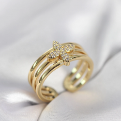 Mey İthalat® Gold Renk Zirkon Taşlı Yonca Model Kadın Yüzük