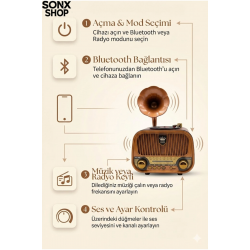 Mey İthalat® Gramofon Tasarımlı Nostaljik Bluetooth Radyo Hoparlör Müzik Çalar