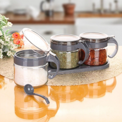 Mey İthalat®  Gri  3lü Standlı Kapaklı Kaşıklı Cam Hava Sızdırmaz Baharatlık Takımı KC-386