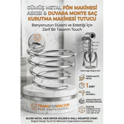 Mey İthalat® Gümüş Metal Fön Makinesi Askısı Duvara Monte Saç Kurutma Makinesi Tutucu 719681