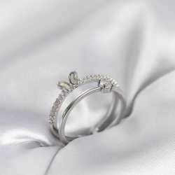 Mey İthalat® Gümüş Renk 2'li Zirkon Taşlı Kelebek Model Kadın Yüzük