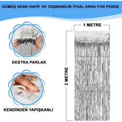 Mey İthalat® Gümüş Renk Ekstra Metalize Parlak Saçaklı Arka Fon Perde İthal  1x2 Metre