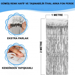 Mey İthalat® Gümüş Renk Ekstra Metalize Parlak Saçaklı Arka Fon Perde İthal A Kalite 1x2 Metre