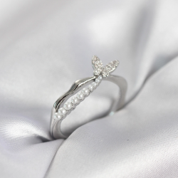 Mey İthalat® Gümüş Renk Kuyruklu Kelebek Model İncili Kadın Yüzük