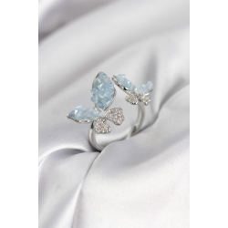Mey İthalat® Gümüş Renk Mavi Kelebek Model Zirkon Taşlı Kadın Yüzük