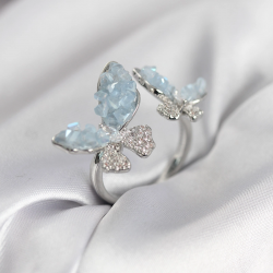 Mey İthalat® Gümüş Renk Mavi Kelebek Model Zirkon Taşlı Kadın Yüzük