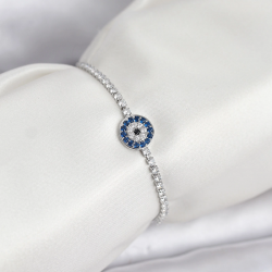 Mey İthalat® Gümüş Renk Nazar Model Zirkon Taşlı Asansörlü Su Yolu Bileklik