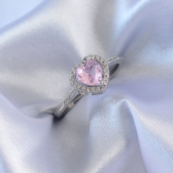 Mey İthalat® Gümüş Renk Pembe Zirkon Taşlı Kalp Charm Model Pirinç Kadın Yüzük