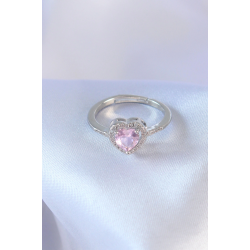 Mey İthalat® Gümüş Renk Pembe Zirkon Taşlı Kalp Charm Model Pirinç Kadın Yüzük