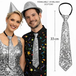 Mey İthalat® Gümüş Renk Pul Payetli Işıltılı Parti Kravatı 33 cm