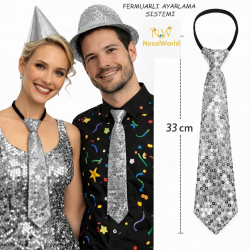 Mey İthalat® Gümüş Renk Pul Payetli Işıltılı Parti Kravatı 33 cm