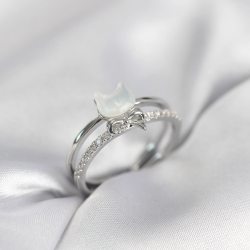 Mey İthalat® Gümüş Renk Sedefli Kedi Model Fiyonklu Zirkon Taşlı Kadın Yüzük