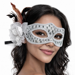 Mey İthalat® Gümüş Renk Tüylü Balo Maskesi Kadın Parti Aksesuarı