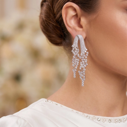 Mey İthalat® Gümüş Renk Zirkon Taşlı Çelenk Model Kadın Abiye Küpe