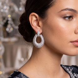 Mey İthalat® Gümüş Renk Zirkon Taşlı Damla Halka Model Kadın Abiye Küpe