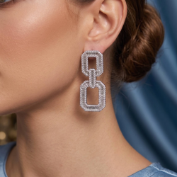 Mey İthalat® Gümüş Renk Zirkon Taşlı Kare Model Kadın Abiye Küpe