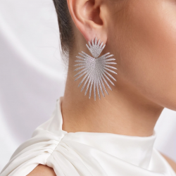 Mey İthalat® Gümüş Renk Zirkon Taşlı Palmiye Model Kadın Abiye Küpe