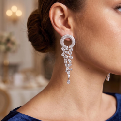 Mey İthalat® Gümüş Renk Zirkon Taşlı Saçaklı Model Kadın Abiye Küpe