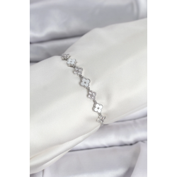 Mey İthalat® Gümüş Renk Zirkon Taşlı Sıralı Yonca Model Asansörlü Kadın Bileklik