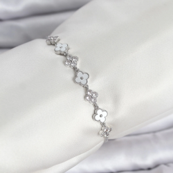 Mey İthalat® Gümüş Renk Zirkon Taşlı Sıralı Yonca Model Asansörlü Kadın Bileklik