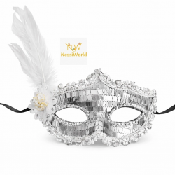 Mey İthalat® Gümüş Tüylü Payetli Lüks Taşlı Parti Maskesi