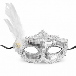 Mey İthalat® Gümüş Tüylü Payetli Lüks Taşlı Parti Maskesi