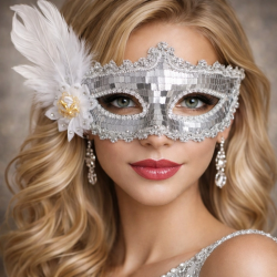 Mey İthalat® Gümüş Tüylü Payetli Lüks Taşlı Parti Maskesi