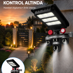 Mey İthalat® Güneş Enerjili 3 Lens Akıllı Güvenlik Kamerası LED Projektörlü Dış Mekan Koruma Sistemi