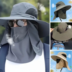 Mey İthalat®  Güneş Koruyuculu Nefes Alabilen Maskeli ve Boyun Kapaklı Geniş Kenarlı Balıkçı Şapkası