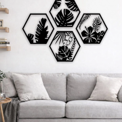 Mey İthalat® HexaLeaf – Tropikal Yaprak Desenli Altıgen Ahşap Duvar Dekoru