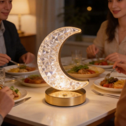 Mey İthalat®  Hilal AY Model Kristal LED Masa ası – Dokunmatik, 3 Renk Işık Modlu, Şarjlı Mini Dekoratif Gece ası