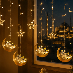 Mey İthalat® Hilal Yıldız LED Ramazan Işığı 3 Metre Dekoratif Perde Aydınlatması