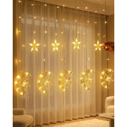 Mey İthalat® Hilal Yıldız Perde LED Işık 2 Modlu Sıcak Beyaz Dekoratif Aydınlatma