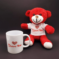 Mey İthalat®  I Love You Baskılı Kupa ve Kırmızı Ayıcık Seti