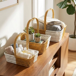 Mey İthalat®  İç İçe Geçebilen 3’lü Çift Renkli Dikdörtgen Formlu Kalp Saplı Plastik Rattan Sepet Seti – Hasır Görünümlü Çok Amaçlı Organizerler