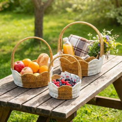 Mey İthalat®  İç İçe Geçebilen 3’lü Çift Renkli Yuvarlak Dalgalı Formlu Saplı Plastik Rattan Sepet Seti – Hasır Görünümlü Çok Amaçlı Organizerler