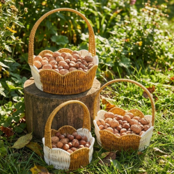 Mey İthalat®  İç İçe Geçebilen 3’lü Çift Renkli Yuvarlak Dalgalı Formlu Saplı Plastik Rattan Sepet Seti – Hasır Görünümlü Çok Amaçlı Organizerler