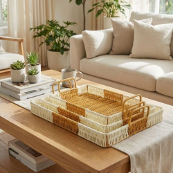 Mey İthalat®  İç İçe Geçebilen 3’lü Dikdörtgen Plastik Rattan Tepsi Seti–Çift Renkli Hasır Görünümlü Çok Amaçlı Servis ve Sunum Tepsileri