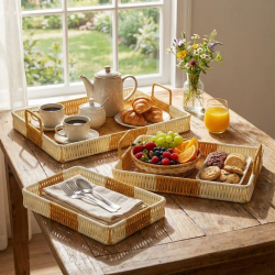 Mey İthalat®  İç İçe Geçebilen 3’lü Dikdörtgen Plastik Rattan Tepsi Seti–Çift Renkli Hasır Görünümlü Çok Amaçlı Servis ve Sunum Tepsileri