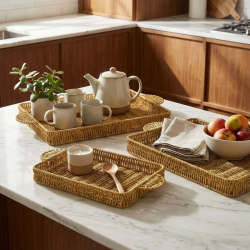 Mey İthalat®  İç İçe Geçebilen 3’lü Dikdörtgen Plastik Rattan Tepsi Seti–Hasır Görünümlü Çok Amaçlı Servis ve Sunum Tepsileri