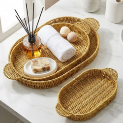 Mey İthalat®  İç İçe Geçebilen 3’lü Oval Plastik Rattan Tepsi Seti–Hasır Görünümlü Çok Amaçlı Servis ve Sunum Tepsileri