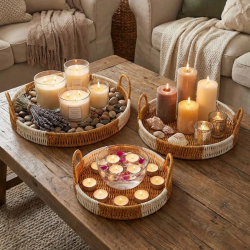 Mey İthalat®  İç İçe Geçebilen 3’lü Yuvarlak Plastik Rattan Tepsi Seti–Çift Renkli Hasır Görünümlü Çok Amaçlı Servis ve Sunum Tepsileri