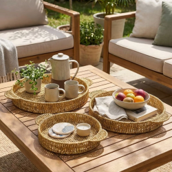 Mey İthalat®  İç İçe Geçebilen 3’lü Yuvarlak Plastik Rattan Tepsi Seti–Hasır Görünümlü Çok Amaçlı Servis ve Sunum Tepsileri
