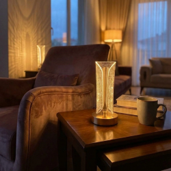 Mey İthalat®  İki Yandan Kavisli Silindirik Çizgi Model Kristal LED Masa ası – Dokunmatik, 3 Renk Işık Modlu, Şarjlı Dekoratif Gece ası