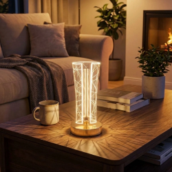 Mey İthalat®  İki Yandan Kavisli Silindirik Geometrik Çizgi Model Kristal LED Masa ası – Dokunmatik, 3 Renk Işık Modlu, Şarjlı Dekoratif Gece ası