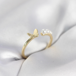 Mey İthalat® İncili Kelebek Model Gold Renk Pirinç Kadın Yüzük