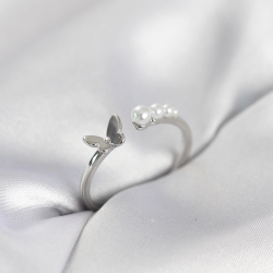 Mey İthalat® İncili Kelebek Model Gümüş Renk Pirinç Kadın Yüzük