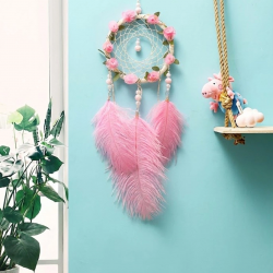 Mey İthalat® Işıklı Pembe Gül Detaylı El Yapımı Rüya Kapanı - Romantik Duvar Süsü & Hediyelik Düş Kapanı