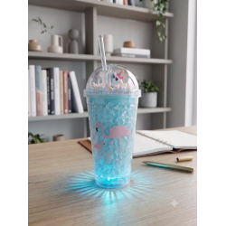 Mey İthalat® Işıklı Unicorn ve Flamingo Desenli Çift Katmanlı Jel Buzlu Pipetli Bardak - 450ml - Renk Değiştiren LED Tabanlı